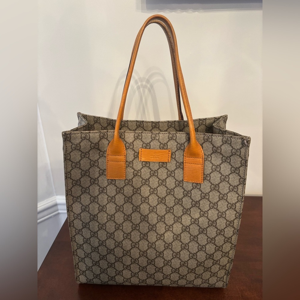Gucci GG Coated Canvas Monogram Tote Bag with Leather Handles